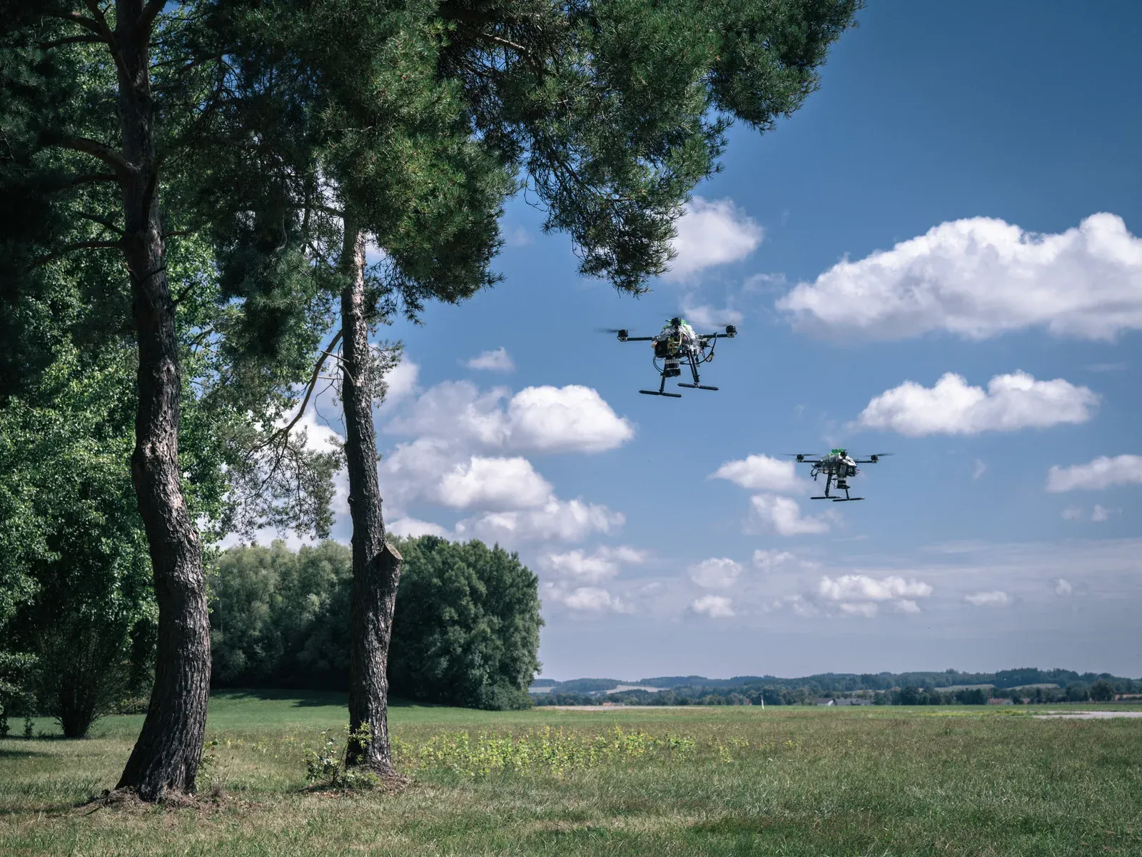 Two HERMES quadcopters fly side by side over a meadow beside tall pine trees under a blue sky with clouds.