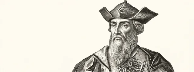 Engraved-style portrait of the navigator Vasco da Gama, wearing a broad hat and a long beard.